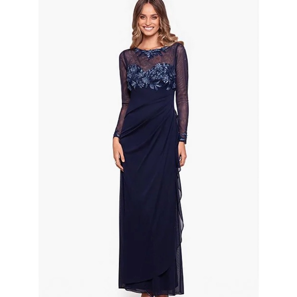 Xscape Embroidered Floral Bodice Mesh Round Neck Long Sleeve Gown